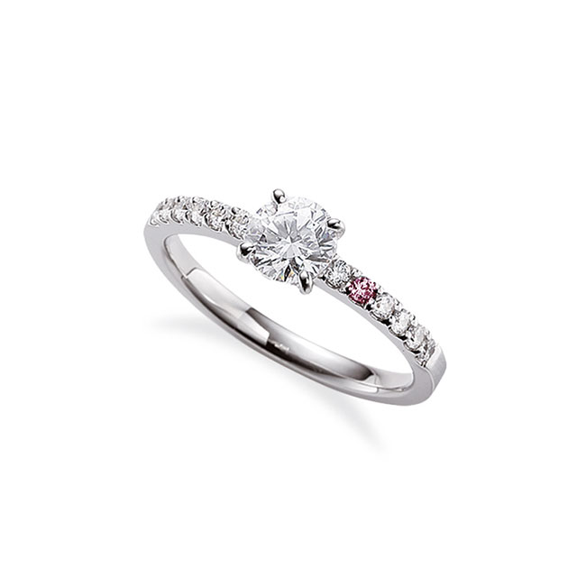 ピンクダイヤモンドの婚約指輪｜リングアームに並んだメレダイヤモンドがきらきらと美しく中心の石を引き立てる4本爪のリング